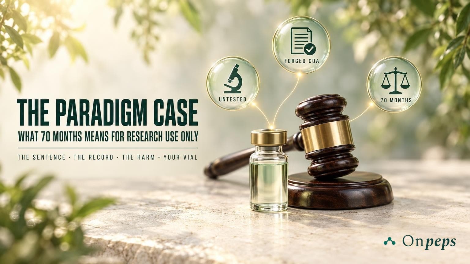 The Paradigm Case: What 70 Months Means for Research Use Only — The Sentence · The Record · The Harm · Your Vial — by ONPEPS.COM