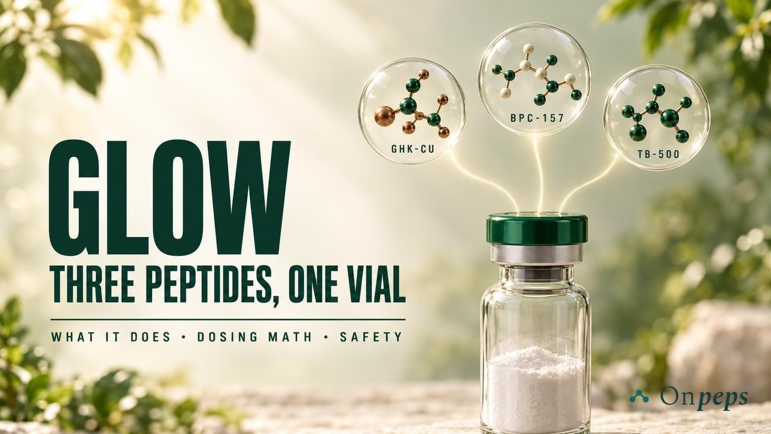 GLOW: Three Peptides, One Vial — What It Does · Dosing Math · Safety — GHK-Cu, BPC-157, TB-500 — by ONPEPS.COM
