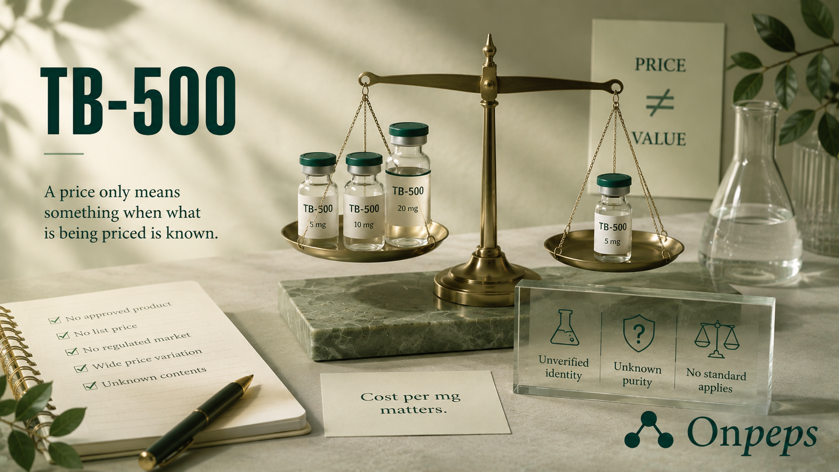 TB-500: Cost and Access
What drives the price, why per-vial comparisons mislead for this compound, and how to weigh the spend By Onpeps