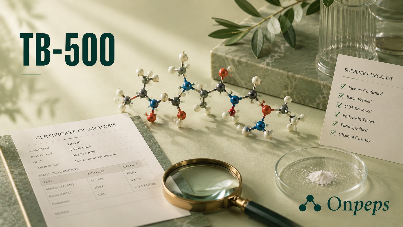 TB-500 sourcing, product identity, purity testing, certificate of analysis, batch verification, and analytical testing.