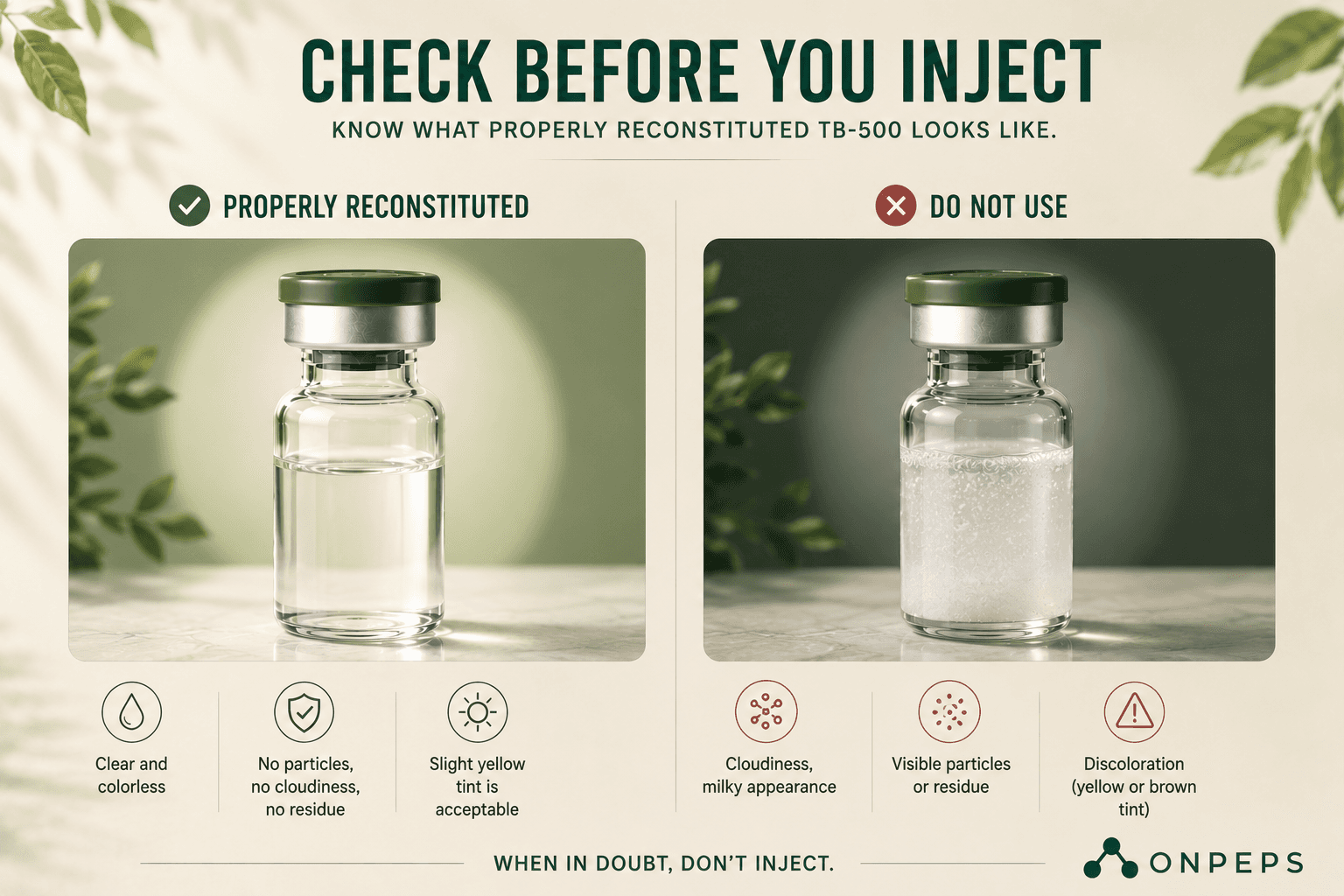 Visual representation of correctly reconstituted TB-500 vs incorrectly reconstituted or corrupted - by onpeps - backed by research and evidence