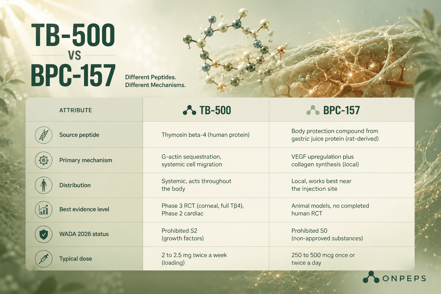 TB-500 vs BPC-157 quick comparison by onpeps.com